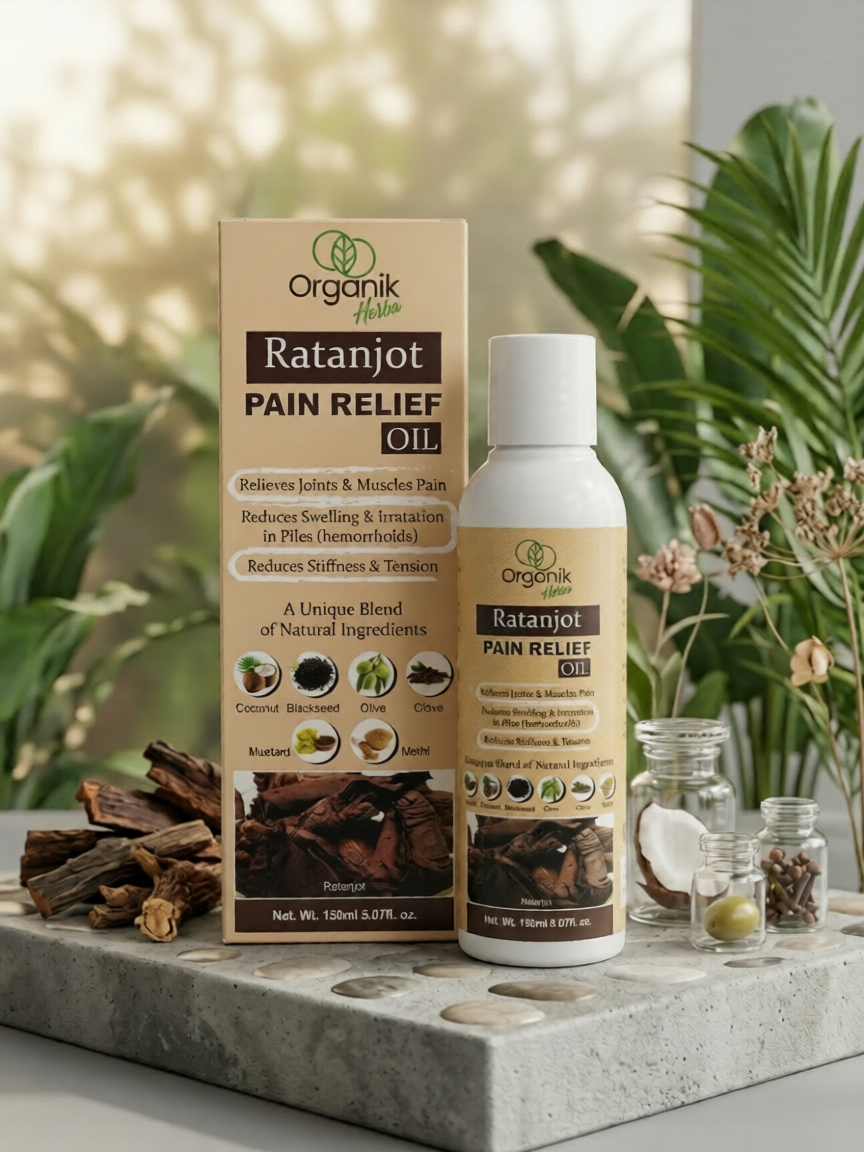 Organik Herba Ratanjot Pain Relief Oil bottle with natural herbal ingredients