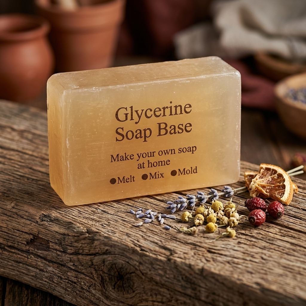 Transparent Glycerine Soap Base block for DIY handmade soap making with natural herbs and rustic wooden background