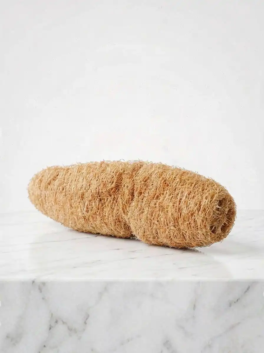 Close-up of natural loofah sponge with textured plant fibers