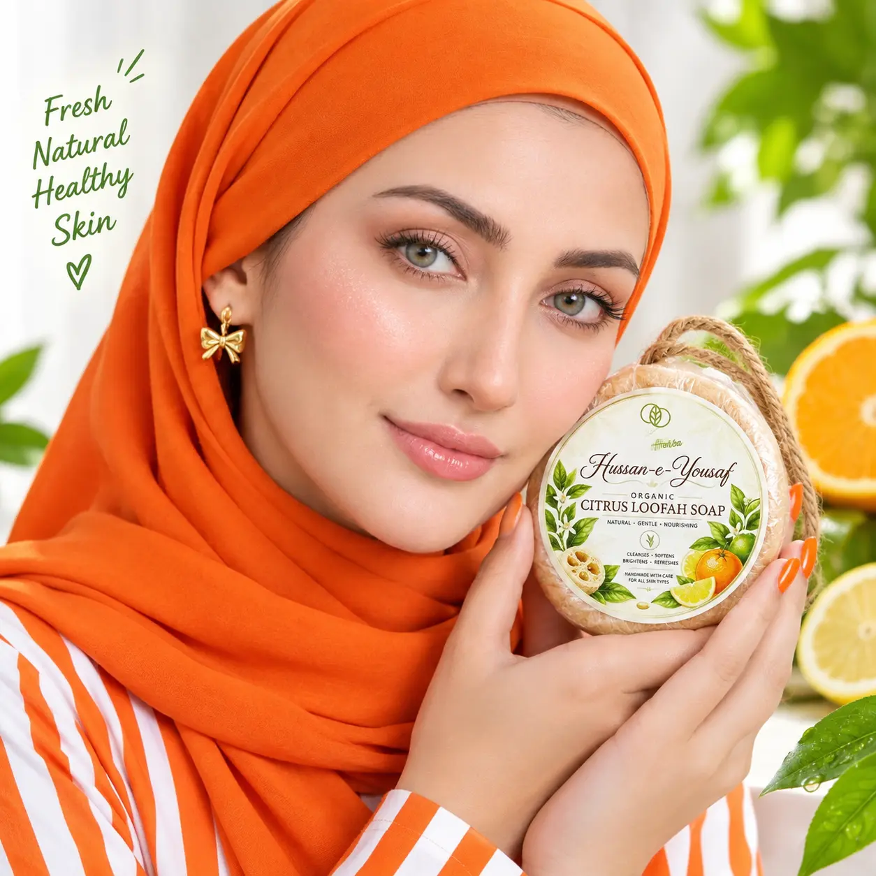 Smiling woman in an orange hijab holding Hussan-e-Yousaf Organic Citrus Loofah Soap for fresh, natural, and healthy skin.