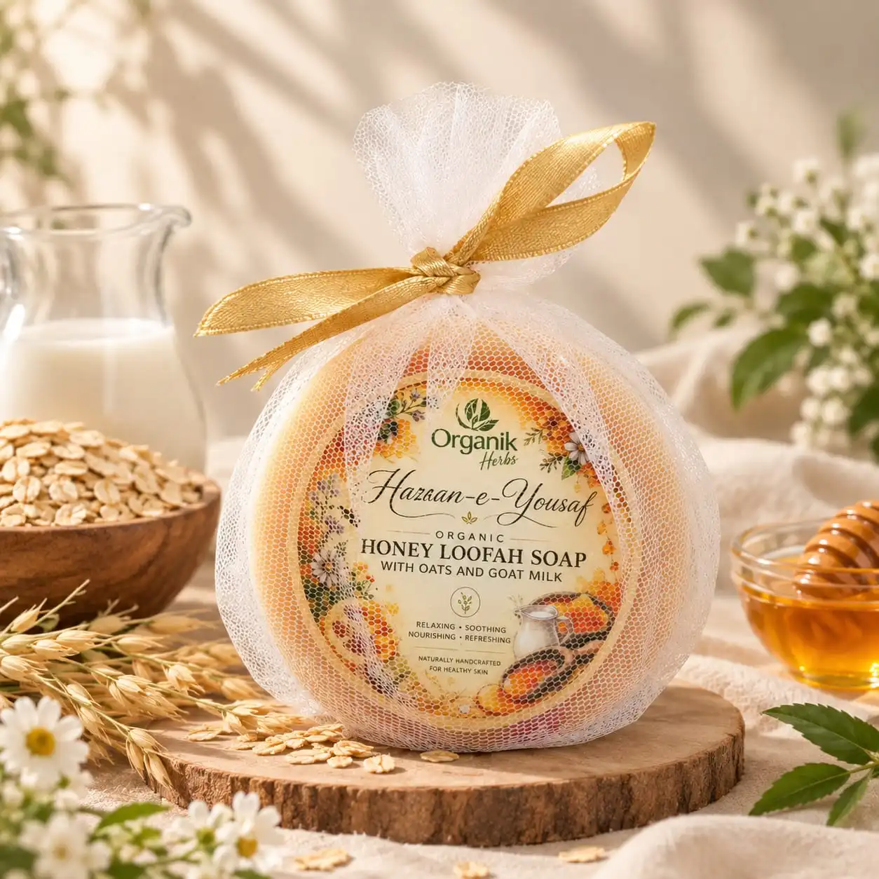 Presenting the beautifully packaged Hussan-e-Yousaf Honey Loofah Soap. Tied with a gold ribbon in a sheer tulle bag, this organic bar makes a perfect gift. Additionally, it combines the nourishing power of honey, oats, and goat milk for a relaxing spa experience at home.