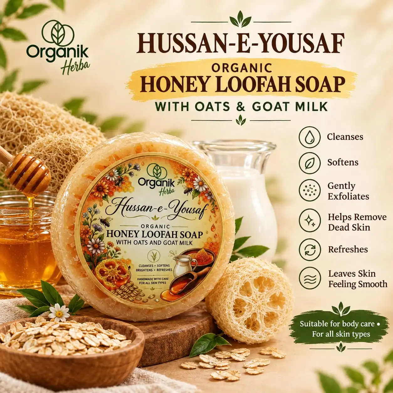 Discover the natural power of Hussan-e-Yousaf Organic Honey Loofah Soap. Because it combines oats and goat milk, this bar gently exfoliates while it cleanses. Consequently, it removes dead skin and leaves your body feeling incredibly smooth.
