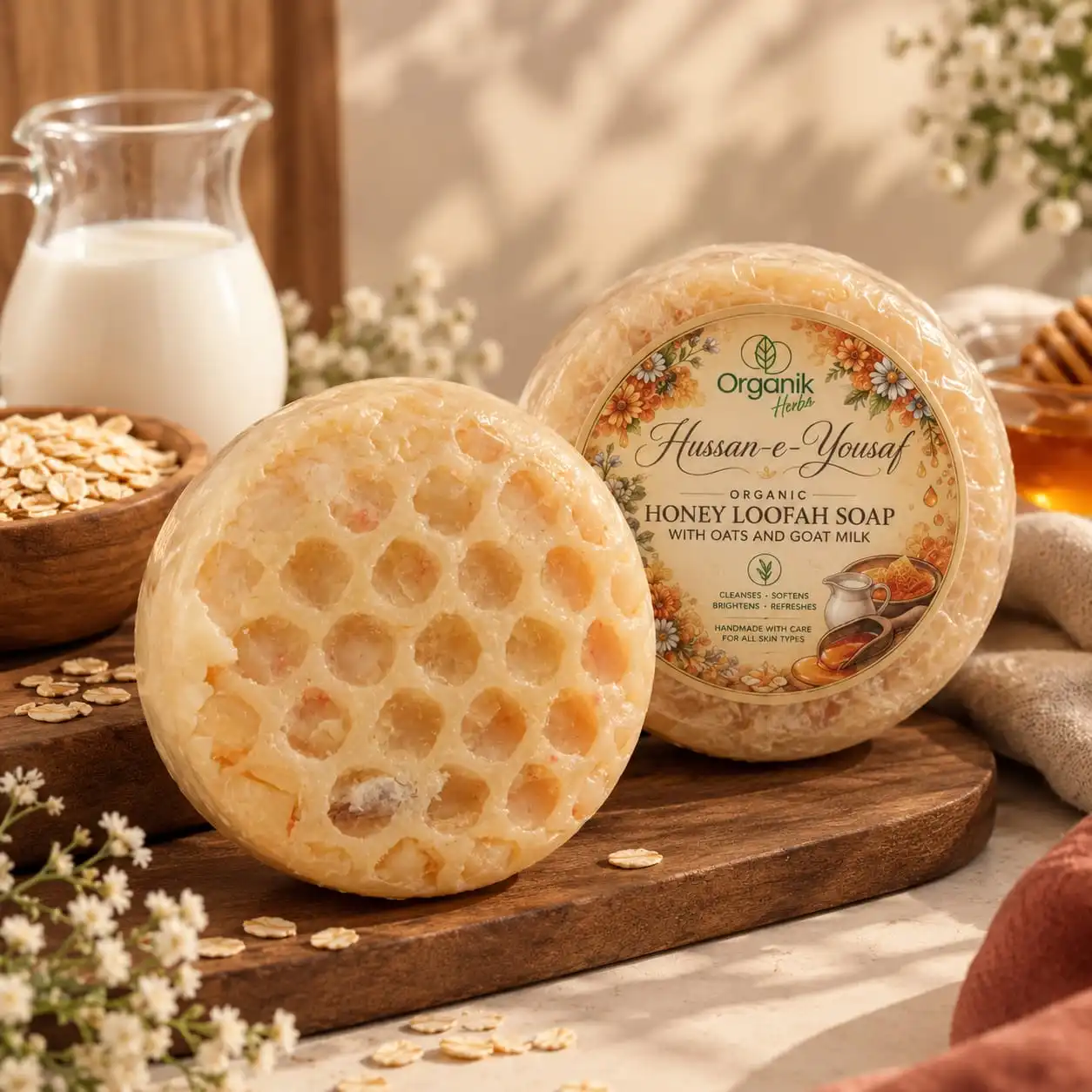Organic honey and oatmeal soap bars displayed on a rustic wooden surface with raw honey and oats